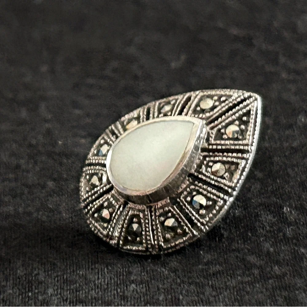 Sterling Silver Marcasite Rhinestone Teardrop Opal Pierced Earring, Single